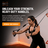 Woman using resistance bands with XBAR Fitness branding and text about heavy-duty handles.
