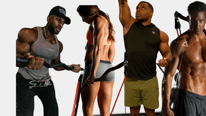 Four individuals in fitness attire with workout equipment on a white background