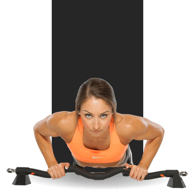 Getting started with home gym with woman in orange sports bra performing push-ups on a black background