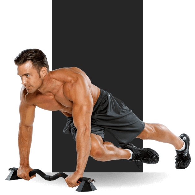 Home gym programs with muscular man performing a mountain climber black background