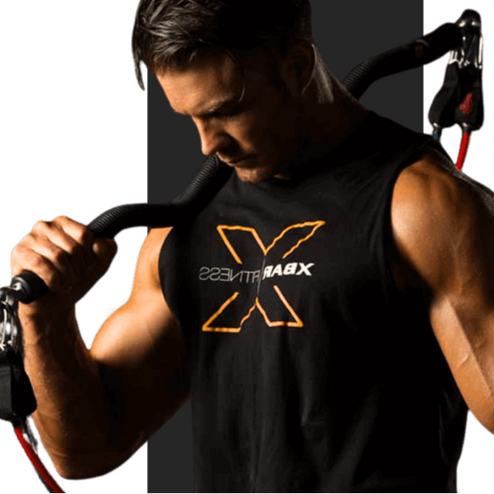Home Gym workouts, with man wearing an XBar Fitness tank top holding gym equipment against a black background