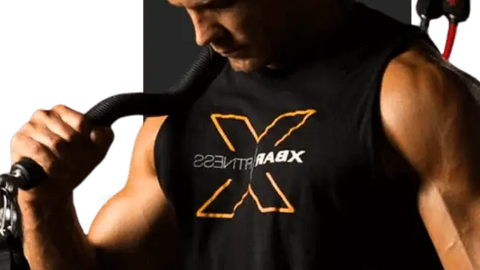 Home Gym workouts, with man wearing an XBar Fitness tank top holding gym equipment against a black background