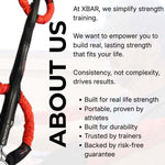 Massive red band pair sleeved 175 pound resistance from XBAR fitness, with promotional text about the brand's mission and features on a white background.