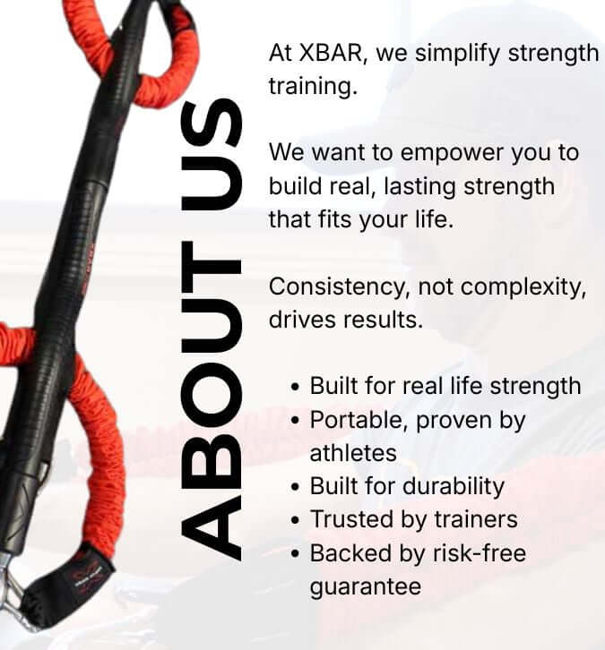 Massive red band pair sleeved 175 pound resistance from XBAR fitness, with promotional text about the brand's mission and features on a white background.