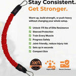Massive red 175 pound sleeved resistance band with text on a white background outlining the benefits.