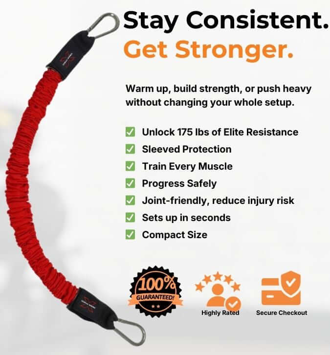 Massive red 175 pound sleeved resistance band with text on a white background outlining the benefits.
