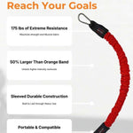 Massive red 175 pound sleeved resistance band with carabiners on a white background, featuring text about its features.
