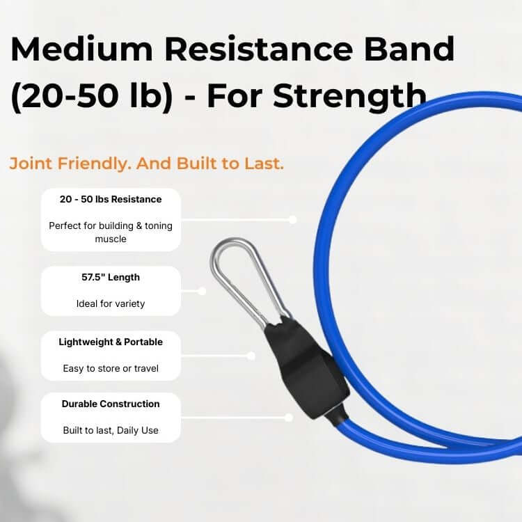 Medium 20–50 lb resistance band for rows, presses, squats, and full-body training