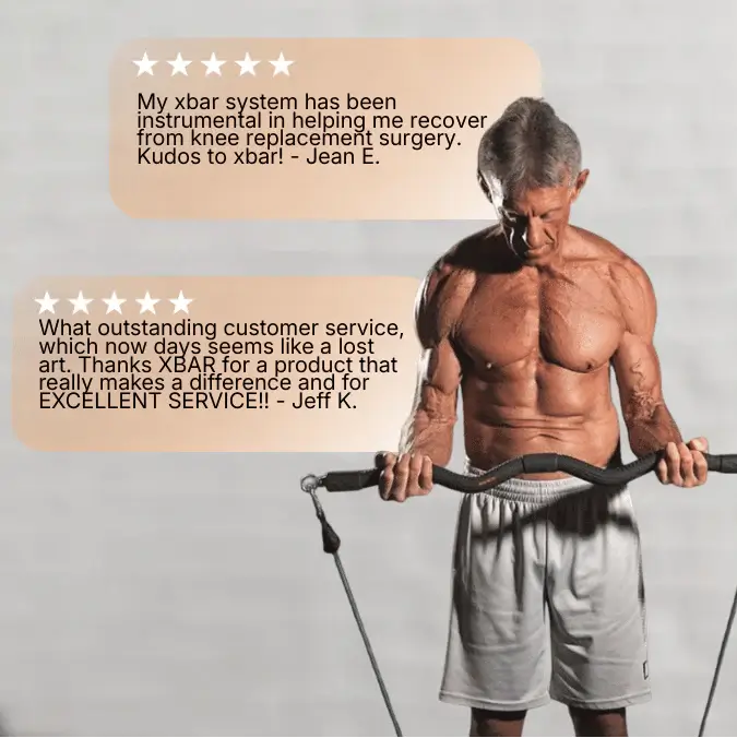 Customer reviews for XBAR Portable Complete Home Gym Kit with customer reviews displayed above him.