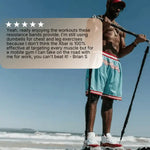Customer review for XBAR home gym kit with RS 2.0 bands. Man exercising with resistance bands on a beach, with a text overlay about workouts and resistance bands.