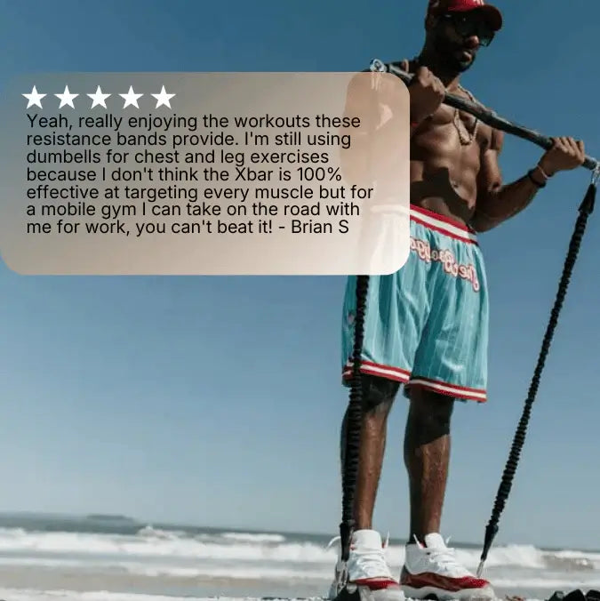 Customer review for XBAR home gym kit with RS 2.0 bands. Man exercising with resistance bands on a beach, with a text overlay about workouts and resistance bands.