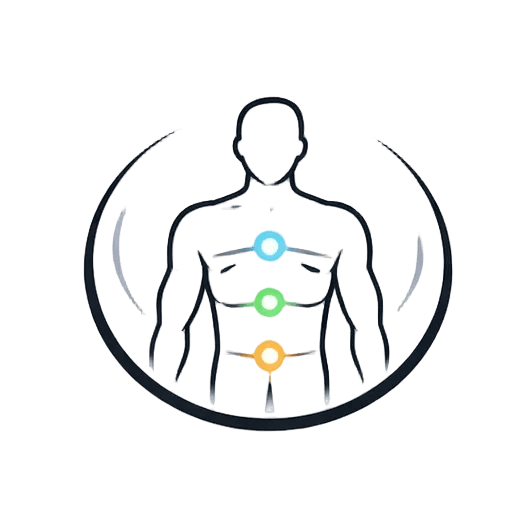 Outline of a human body with chakra symbols on a white background