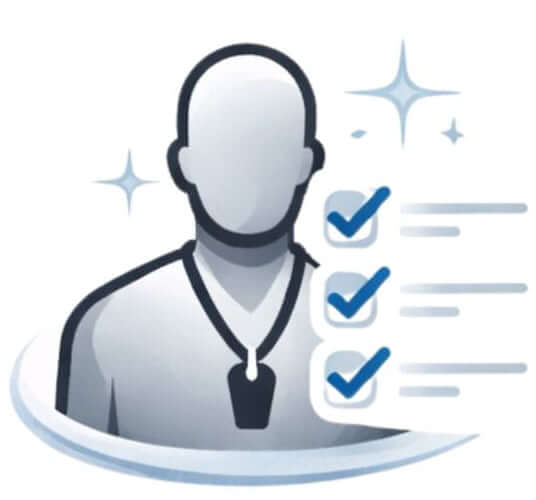 Icon of a coach with a 
whistle and checkmarks on a white background conveying that we guide you to lose weight and gain strength.