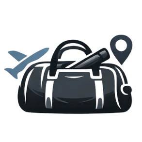 Black suitcase with airplane and map icon on a white background showcasing the portability of the xbar fitness home gym system and accessories.