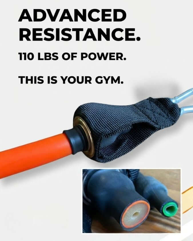 Resistance band with text about advanced resistance and power, on a white background.