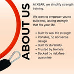 Promotional graphic for XBAR with text about simplifying strength training and product features.