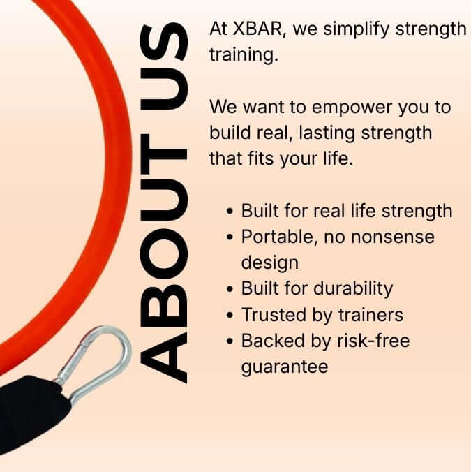 Promotional graphic for XBAR with text about simplifying strength training and product features.