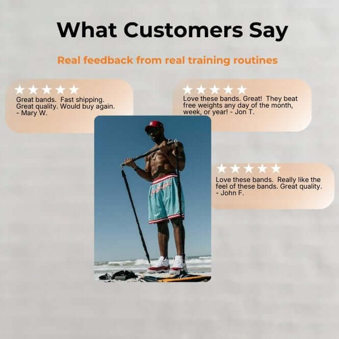 Person on a beach with text overlay about customer feedback on resistance bands from XBAR