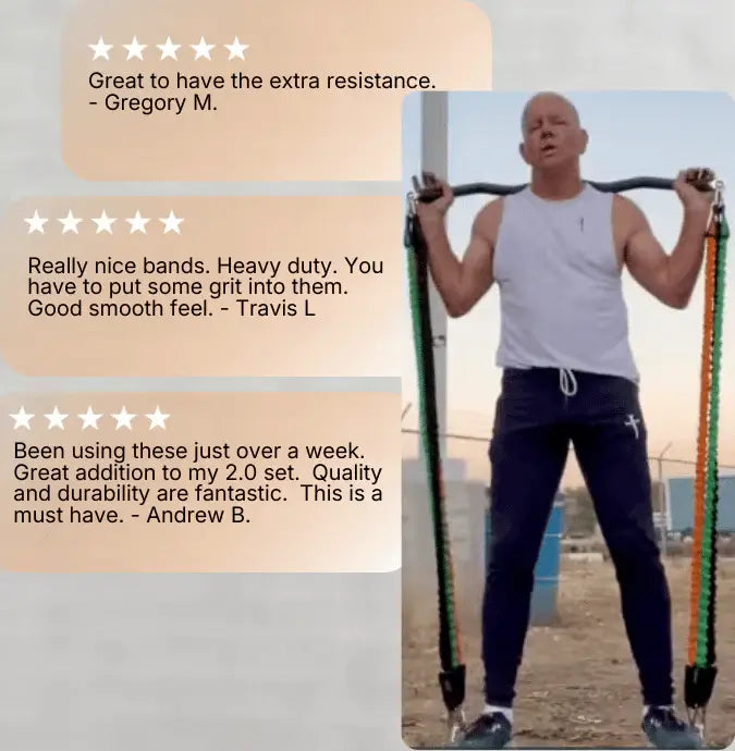 Customer reviews for XBAR massive orange sleeved bands 110 lb pair and stacked with other resistance bands. 