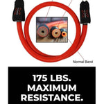 Red 175 pound massive resistance band with labeled components and maximum resistance information on a white background