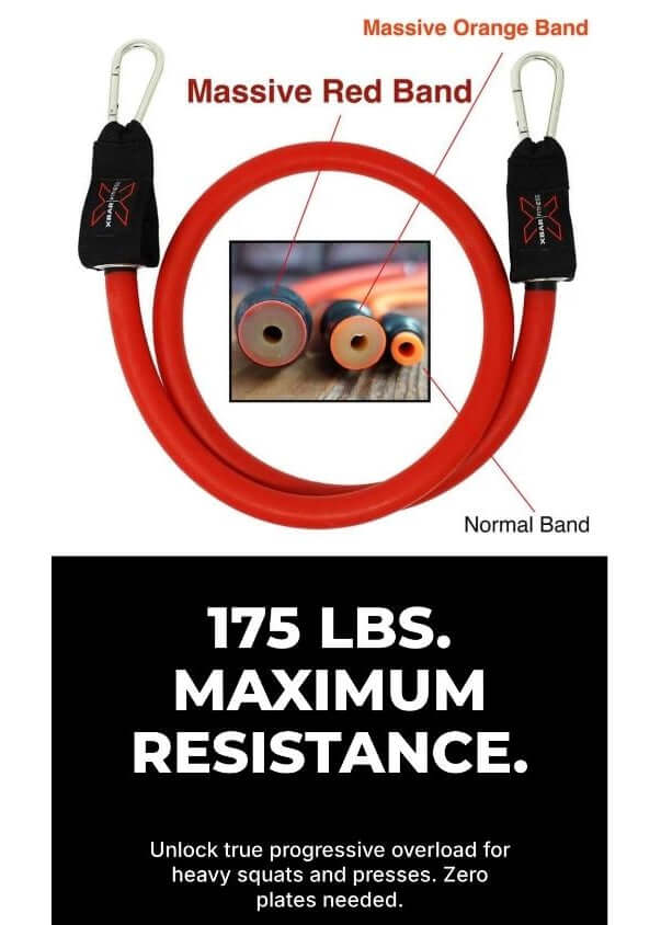 Red 175 pound massive resistance band with labeled components and maximum resistance information on a white background
