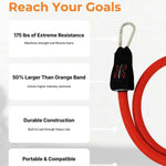 Red 175 pound massive resistance band with black handle and carabiner on a white background, featuring text about its features.