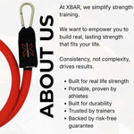 Red 175 pound resistance band with XBAR branding and promotional text about the brand's mission and features.