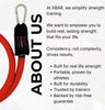 Red 175 pound resistance band with XBAR branding and promotional text about the brand's mission and features.
