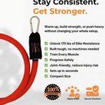 Red massive 175 pound resistance band with carabiner on a white background, featuring text about its benefits and features.