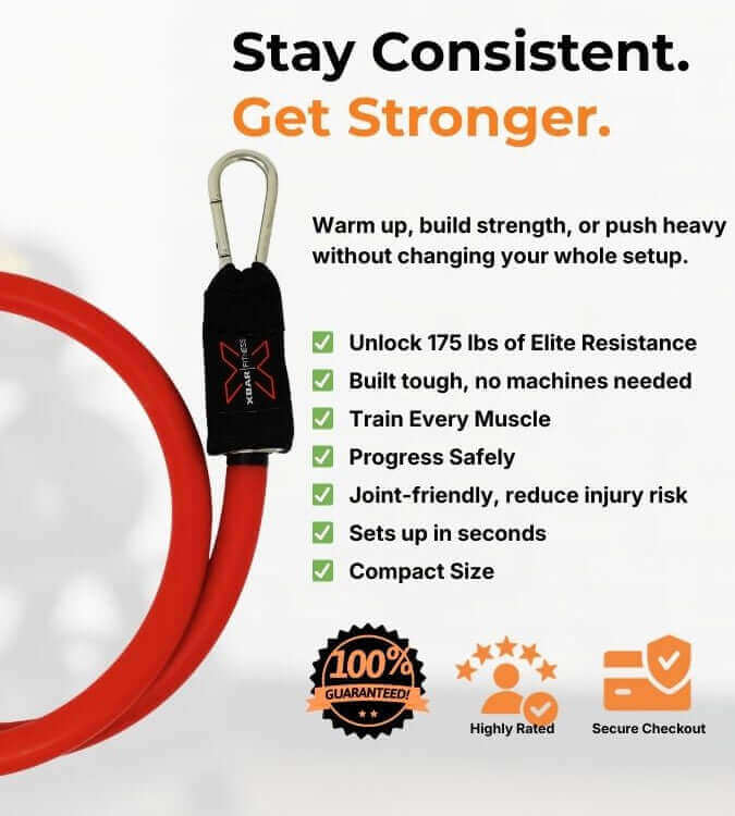 Red massive 175 pound resistance band with carabiner on a white background, featuring text about its benefits and features.