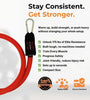 Red massive 175 pound resistance band with carabiner on a white background, featuring text about its benefits and features.