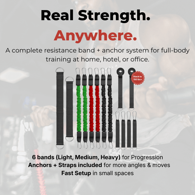 XBAR RS 2.0 resistance band set used for strength training at home, hotel room, or traveling.