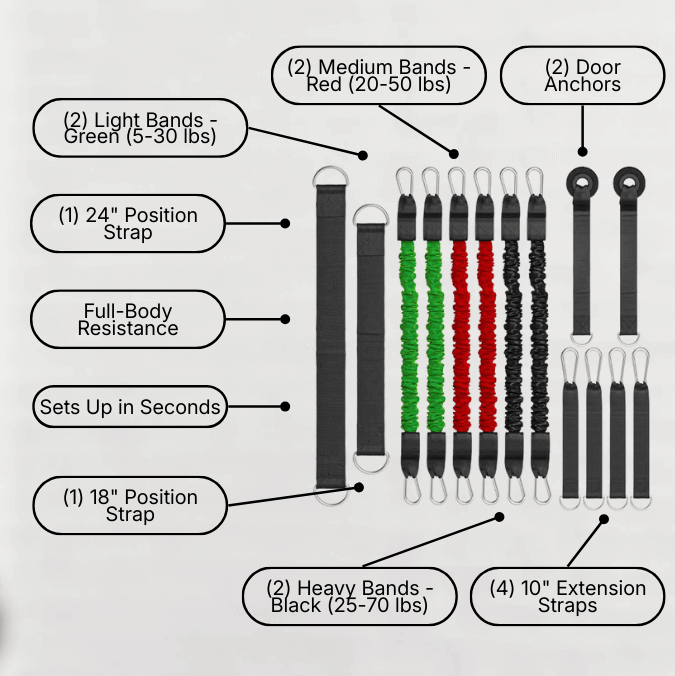 XBAR RS 2.0 band set with light, medium, and heavy bands with straps, and door anchors for versatility 
