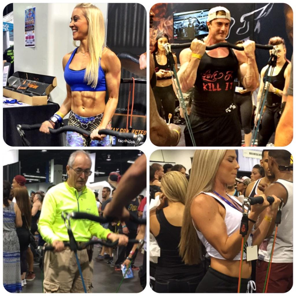 Collage of diverse fitness enthusiasts including men and women exercising with resistance bands at a sports event.