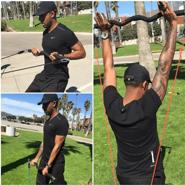 Person exercising with resistance bands outdoors on a sunny day.