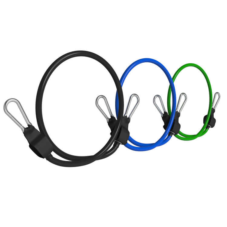 Resistance Band Set featuring black, blue, and green bands for versatile strength training up to 150 lbs.