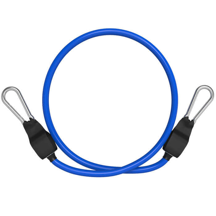 Medium resistance band in blue, measuring 57.5 inches, designed for strength training and muscle building.